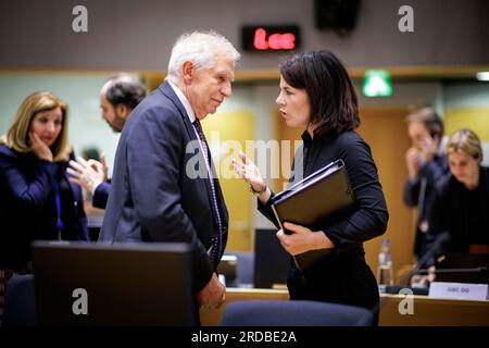 Brussels, Belgium. 20th July, 2023.(RL) Annalena Baerbock, Federal Foreign Minister, speaking with Josep Borrell, EU High Representative for Foreign Affairs and Security Policy, before a working session of the EU Foreign Ministers. Brussels, 20.07.2023. Stock Photo