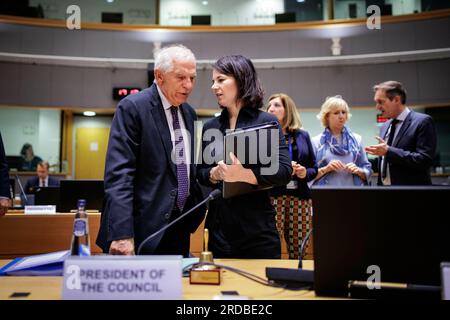 Brussels, Belgium. 20th July, 2023.(RL) Annalena Baerbock, Federal Foreign Minister, speaking with Josep Borrell, EU High Representative for Foreign Affairs and Security Policy, before a working session of the EU Foreign Ministers. Brussels, 20.07.2023. Stock Photo