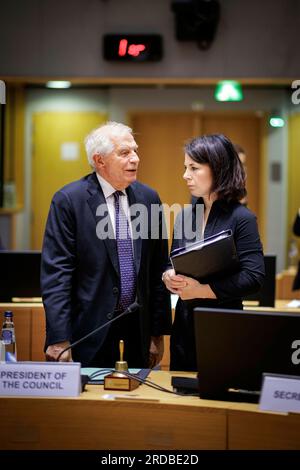 Brussels, Belgium. 20th July, 2023.(RL) Annalena Baerbock, Federal Foreign Minister, speaking with Josep Borrell, EU High Representative for Foreign Affairs and Security Policy, before a working session of the EU Foreign Ministers. Brussels, 20.07.2023. Stock Photo