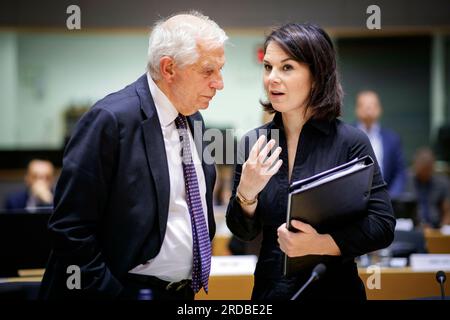 Brussels, Belgium. 20th July, 2023.(RL) Annalena Baerbock, Federal Foreign Minister, speaking with Josep Borrell, EU High Representative for Foreign Affairs and Security Policy, before a working session of the EU Foreign Ministers. Brussels, 20.07.2023. Stock Photo