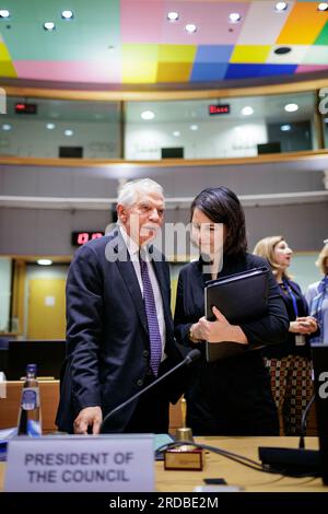 Brussels, Belgium. 20th July, 2023.(RL) Annalena Baerbock, Federal Foreign Minister, speaking with Josep Borrell, EU High Representative for Foreign Affairs and Security Policy, before a working session of the EU Foreign Ministers. Brussels, 20.07.2023. Stock Photo