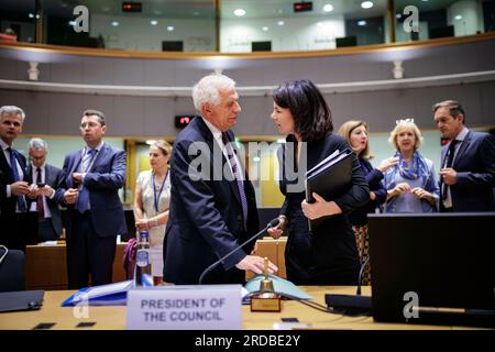 Brussels, Belgium. 20th July, 2023.(RL) Annalena Baerbock, Federal Foreign Minister, speaking with Josep Borrell, EU High Representative for Foreign Affairs and Security Policy, before a working session of the EU Foreign Ministers. Brussels, 20.07.2023. Stock Photo