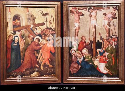 Diptych with Scenes from the Passion. Christ Bearing the Cross. The Crusifiction. Painting on softwood, circa 1435. Creator: Master of Votive Picture Stock Photo