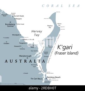 K'gari, formerly Fraser Island, gray political map. Worlds largest sand island along the coast of Queensland, Australia, with 75-Mile-Beach. Stock Photo