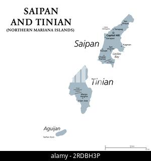 Saipan and Tinian, Northern Mariana Islands, gray political map. Islands of the Mariana Archipelago. Unincorporated territory and commonwealth of USA. Stock Photo