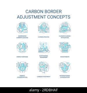 Editable blue icons for carbon border adjustment concepts Stock Vector