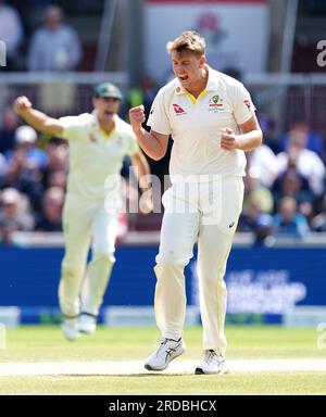 Australia's Cameron Green celebrates thinking he has the wicket of England's Zak Crawley lbw, only for the decision to be overturned after review on day two of the fourth LV= Insurance Ashes Series test match at Emirates Old Trafford, Manchester. Picture date: Thursday July 20, 2023. Stock Photo