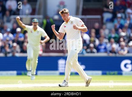 Australia's Cameron Green celebrates thinking he has the wicket of England's Zak Crawley lbw, only for the decision to be overturned after review on day two of the fourth LV= Insurance Ashes Series test match at Emirates Old Trafford, Manchester. Picture date: Thursday July 20, 2023. Stock Photo