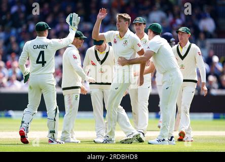 Australia's Cameron Green (centre) celebrates with team-mates thinking he has the wicket of England's Zak Crawley lbw, only for the decision to be overturned after review on day two of the fourth LV= Insurance Ashes Series test match at Emirates Old Trafford, Manchester. Picture date: Thursday July 20, 2023. Stock Photo
