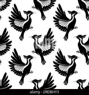 Seamless vector pattern of flying woodpeckers silhouettes. Surface design. Texture with black stylized bird on white background. Ornithology backgroun Stock Vector