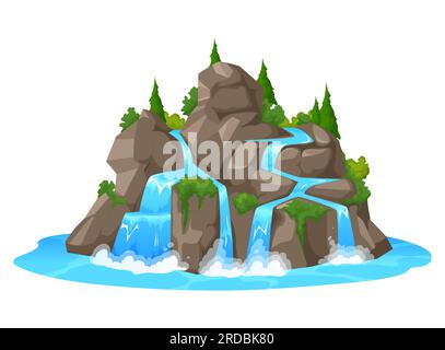 Cartoon waterfall and water cascade with green foliage and rocks. Isolated vector rocky hill with falling flows, natural environment or park decoration. Fresh aqua streams falling down with splashes Stock Vector