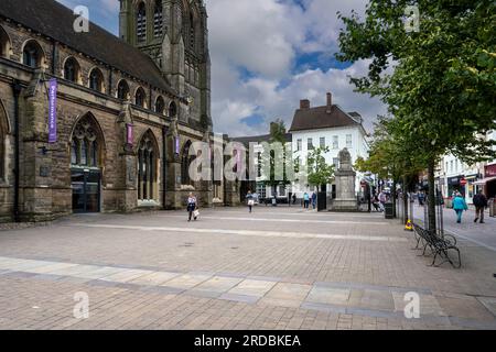 Landscape view of Market Square with St Mary's church, Market Street, Lichfield, Staffordshire, England, UK. Stock Photo