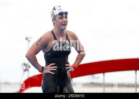 Fukuoka, Japan. 15th July, 2023. FUKUOKA, JAPAN - JULY 15: Mariah Denigan of USA competes in Open Water Women's 10km on Day 2 of the Fukuoka 2023 World Aquatics Championships at the Seaside Momochi Beach Park on July 15, 2023 in Fukuoka, Japan. (Photo by Nikola Krstic/BSR Agency) Credit: BSR Agency/Alamy Live News Stock Photo