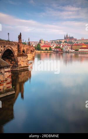 Prague, Czech Republic. Cityscape image of Prague, capital city of Czech Republic, with the iconic Charles Bridge at sunrise. Stock Photo