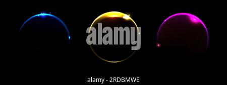 Realistic set of color solar eclipse effects isolated on black background. Vector illustration of neon blue, yellow, pink arch and circular lines glaring on night sky. Dark planet with blazing edge Stock Vector