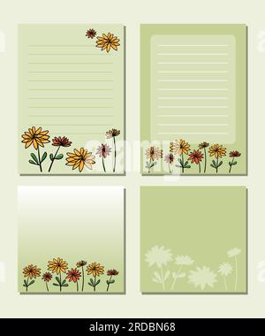 Notebook pages and letter paper set with floral theme. Stock Vector