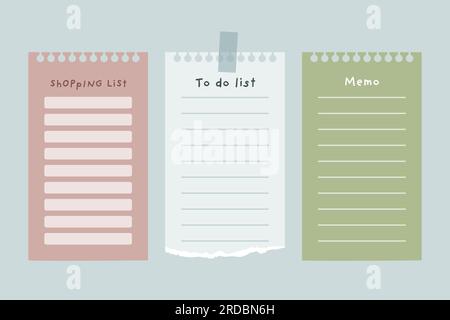 Set of note papers. To do list, shopping list and memo. Stock Vector