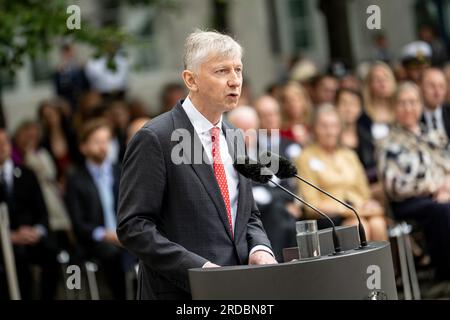 Berlin, Germany. 20th July, 2023. Robert von Steinau-Steinrück, Chairman of the Board of the July 20, 1944 Foundation, speaks at the National Day of Remembrance for Resistance to National Socialist Tyranny in the Bendlerblock Court of Honor. The ceremony commemorates the 79th anniversary of the attempted assassination and overthrow of Hitler. Credit: Fabian Sommer/dpa/Alamy Live News Stock Photo