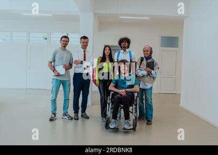 A group of students with a professor and a colleague who is in a wheelchair are standing together in the corridor of a modern university Stock Photo