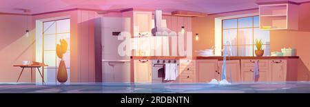 Flood and broken home kitchen room cartoon vector illustration. Abandoned and damage rustic house interior with insurance leak problem background. Sunny ray in window with cityscape view near table Stock Vector