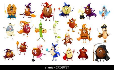 Cartoon Halloween nuts and beans characters as witch wizard and monster, vector holiday icons. Funny cute walnut zombie, hazelnut vampire and kidney bean monster with peanut pirate on Halloween party Stock Vector