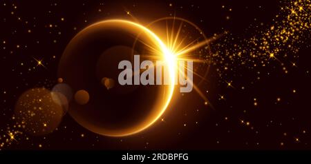 Golden light flare effect on black background. Vector realistic illustration of bright solar eclipse shimmering with multiple golden sparkles. Neon yellow ring shining in darkness. Magic energy Stock Vector