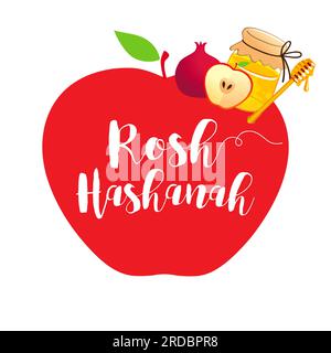 Rosh Hashanah lettering with traditional symbols jar of honey apple and pomegranate. Vector illustration Stock Vector