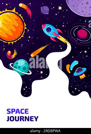 Space flyer. Cartoon spaceship, UFO and space stars, galaxy planets, comets and meteors with vector background of dark starry sky. Astronomy science, galaxy cosmos travel and planetarium themes Stock Vector