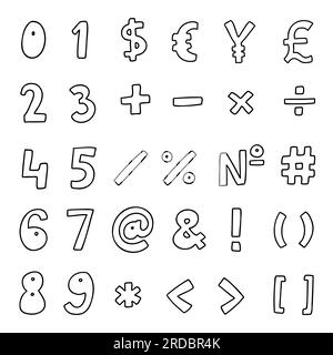 Simple black special mathematical and other symbols and signs font 0 to 9. Vector illustration in hand drawn cartoon doodle style isolated on white ba Stock Vector