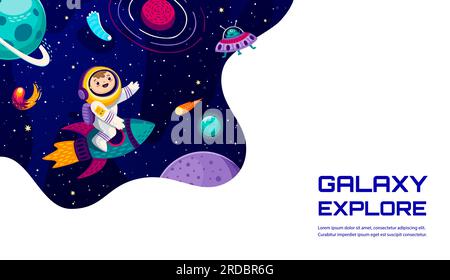 Space galaxy landing page. Cartoon astronaut on rocket, alien in UFO, space stars and planets. Vector template of company website landing page with funny galaxy explorer characters, comets and meteors Stock Vector