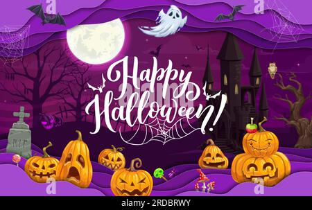 Halloween paper cut landscape. Cartoon funny pumpkin characters and midnight cemetery. Vector background with 3d effect papercut waves, old castle, ghost, bats, spider web, candies and trees at night Stock Vector