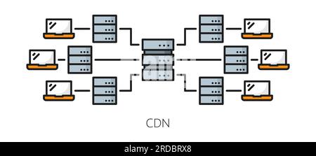 CDN. Content delivery network icon. Blog or web portal file storage and backup server, website database administration and publishing system, CDN line vector symbol with network, laptop and servers Stock Vector