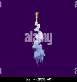 Cartoon rocket smoke trail with fire flames and steam clouds. Vector ...