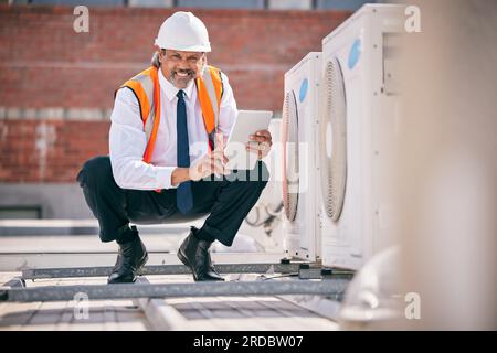 Engineering man, air conditioner and tablet for HVAC power, heating generator or fan check in portrait. Electrician or person with digital technology Stock Photo