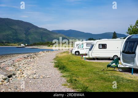 Caravans and Campervans at Bunree Campsite, Onich, Fort William, Scotland, UK. Stock Photo