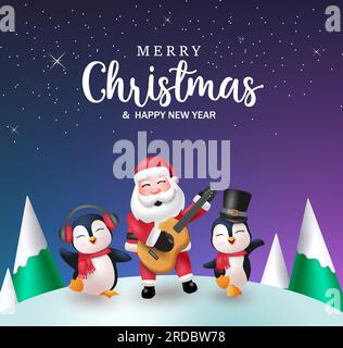 Merry christmas text vector design. Christmas santa claus and penguins characters holding guitar and singing in outdoor background. Vector Stock Vector