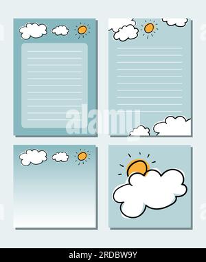 Notebook pages and letter paper set with clouds and sun theme. Stock Vector