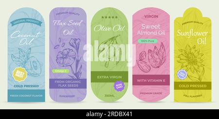 Bright stickers for natural organic oils, set Stock Vector