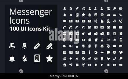 Messenger application white glyph ui icons kit for dark mode Stock Vector