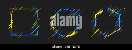 Isolated set of blue-yellow frames in circle, square, and hexagon form Stock Vector