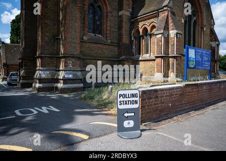 London, UK.  20 July 2023. Exterior of the polling station at St Andrew's Church in Uxbridge, north west London.  Local residents in the constituency of Uxbridge and South Ruislip are voting in a by-election to choose their new Member of Parliament after the resignation of their former MP, Boris Johnson.  Two other constituencies, Selby and Ainsty, and Somerton and Frome, which were won by Conservatives at the last general election in 2019, are also having a by-election today.  Credit: Stephen Chung / Alamy Live News Stock Photo