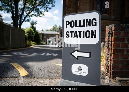 London, UK.  20 July 2023. Exterior of the polling station at St Andrew's Church in Uxbridge, north west London.  Local residents in the constituency of Uxbridge and South Ruislip are voting in a by-election to choose their new Member of Parliament after the resignation of their former MP, Boris Johnson.  Two other constituencies, Selby and Ainsty, and Somerton and Frome, which were won by Conservatives at the last general election in 2019, are also having a by-election today.  Credit: Stephen Chung / Alamy Live News Stock Photo