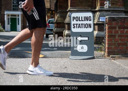 London, UK.  20 July 2023. A man passes the polling station at St Andrew's Church in Uxbridge, north west London.  Local residents in the constituency of Uxbridge and South Ruislip are voting in a by-election to choose their new Member of Parliament after the resignation of their former MP, Boris Johnson.  Two other constituencies, Selby and Ainsty, and Somerton and Frome, which were won by Conservatives at the last general election in 2019, are also having a by-election today.  Credit: Stephen Chung / Alamy Live News Stock Photo