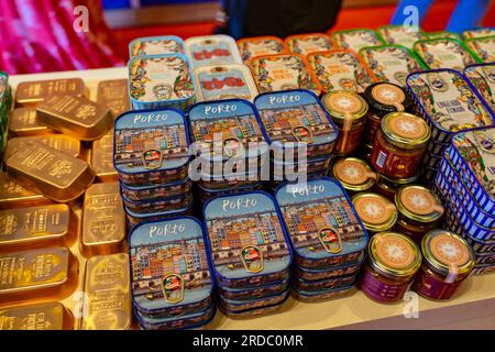 06.22.2023. Porto, Portugal: Comur canned fisch sardines company brand store with funny colorful elements Stock Photo