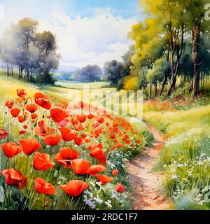 Italian Hand Painted Tuscany Red Poppy Field Oil on Canvas orders