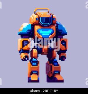 Robot pixel art character for 8 bit game scenery arcade video game background Stock Vector