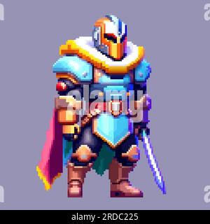 Knight warrior pixel art character for 8 bit game scenery arcade video game background Stock Vector