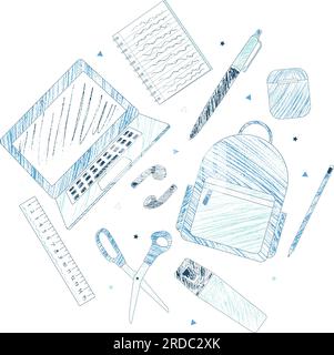 School supplies and e-learning items sketch style blue coloring pencils design circle composition vector Stock Vector