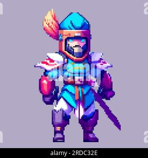 Knight warrior pixel art character for 8 bit game scenery arcade video game background Stock Vector