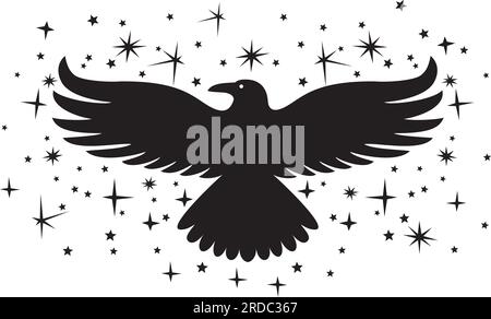 Raven bird with sparks and stars black and white. Vector illustration. Stock Vector